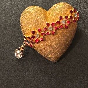 Vintage MYLU Gold Tone Enamel Heart Brooch Red Rhinestone Flower Dangle Pin